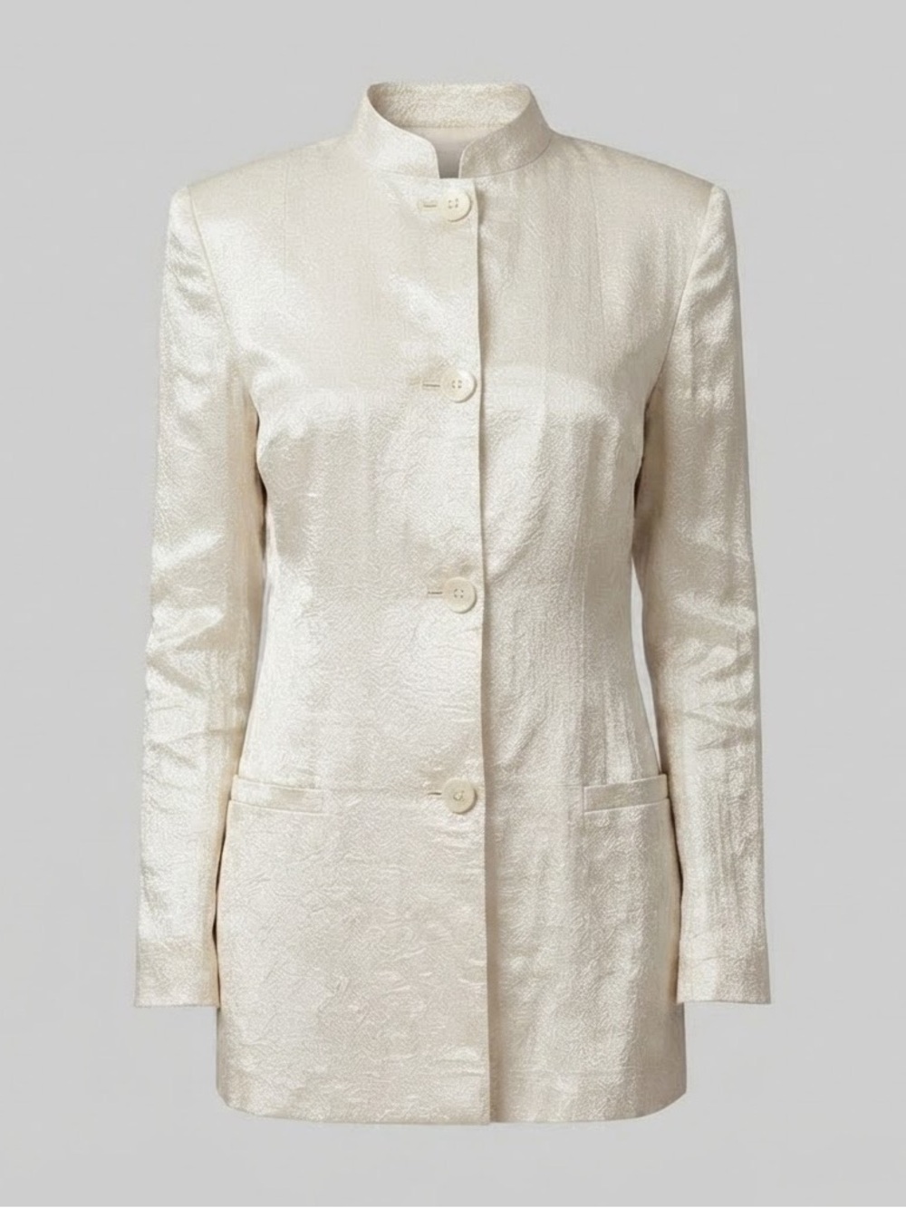 Vintage Genny Italy Ivory Linen Blend Longline Blazer Jacket Size 8 Mandarin